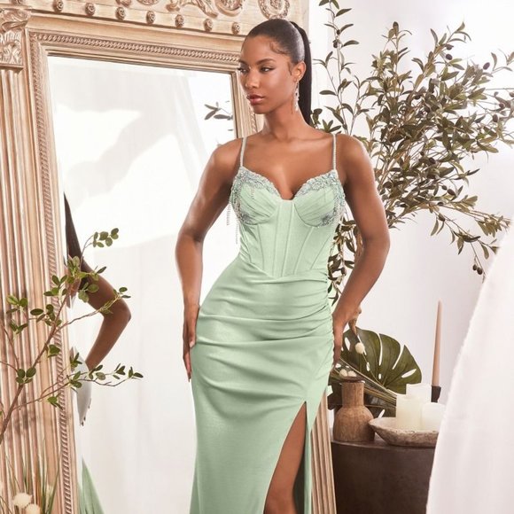 NEW LONG FORMAL SLEEVELESS STRAPPED SHEATH DRESS EMBROIDERED WITH BEADS CD OC021